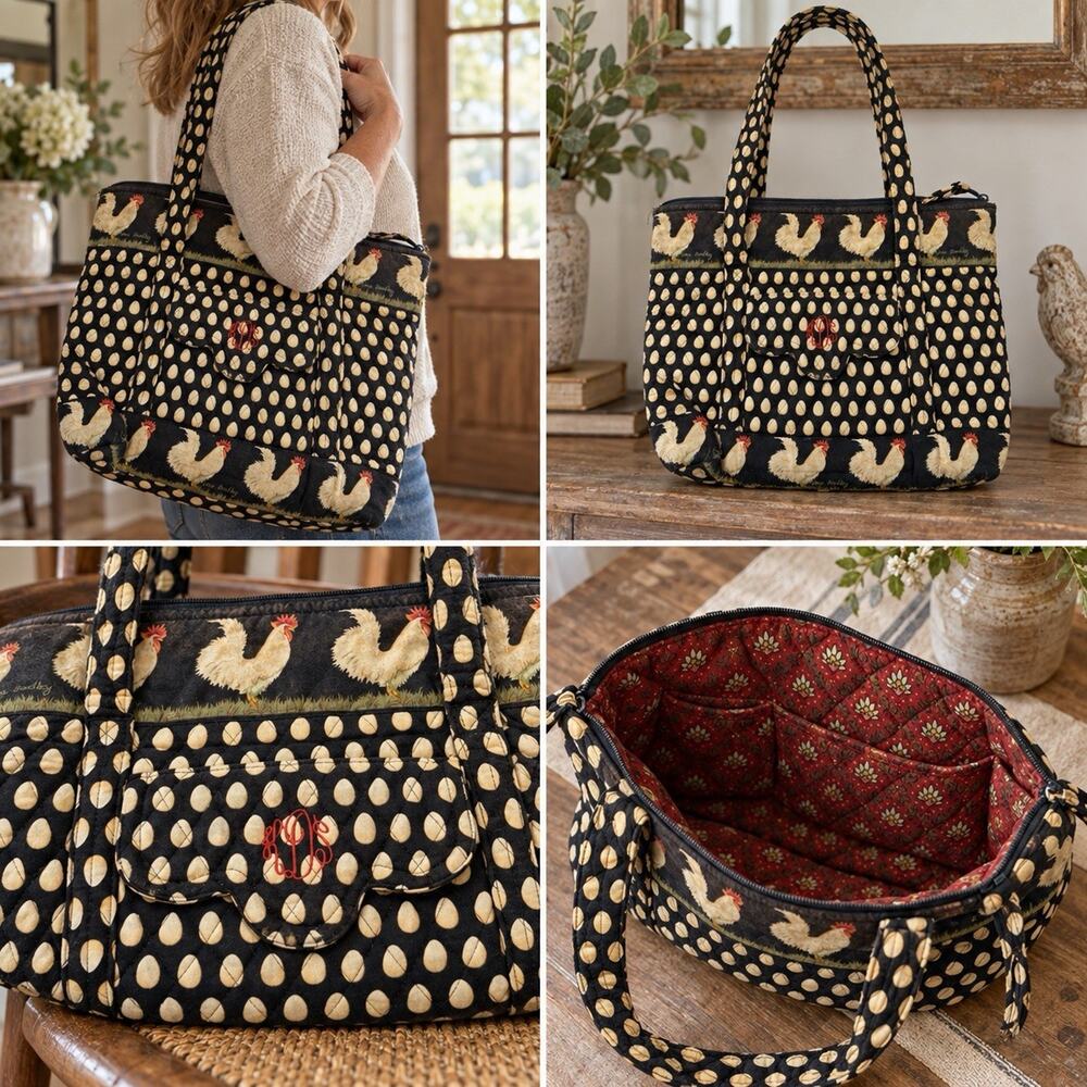 Vera Bradley Chanticleer Paddy Tote Rooster Egg Quilted Bag Monogram Vintage